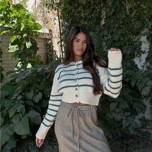 Chic Striped Cream and Green Cardigan